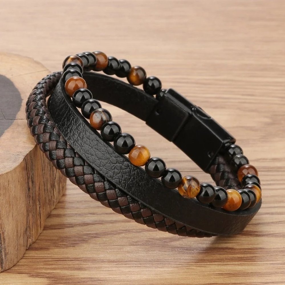 Natural Black Onyx Red Tiger Eye Leather Braided Bracelet